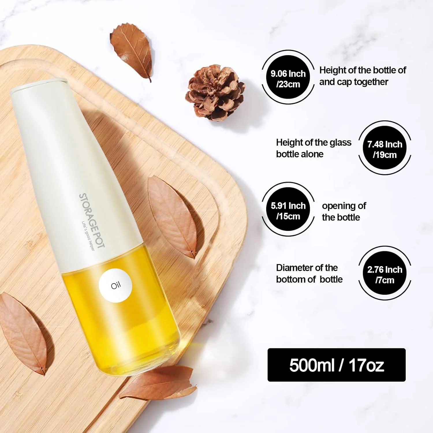 بطری روغن زیتون درب اتوماتیک YARRAMATE مناسب آشپزخانه - 500 میلی لیتر / 17 اونس، ظرف روغن و سرکه شیشه ای زیبا با دهانه، ظرف روغن، ظرف سس سویا (سفید کرمی)، برچسب