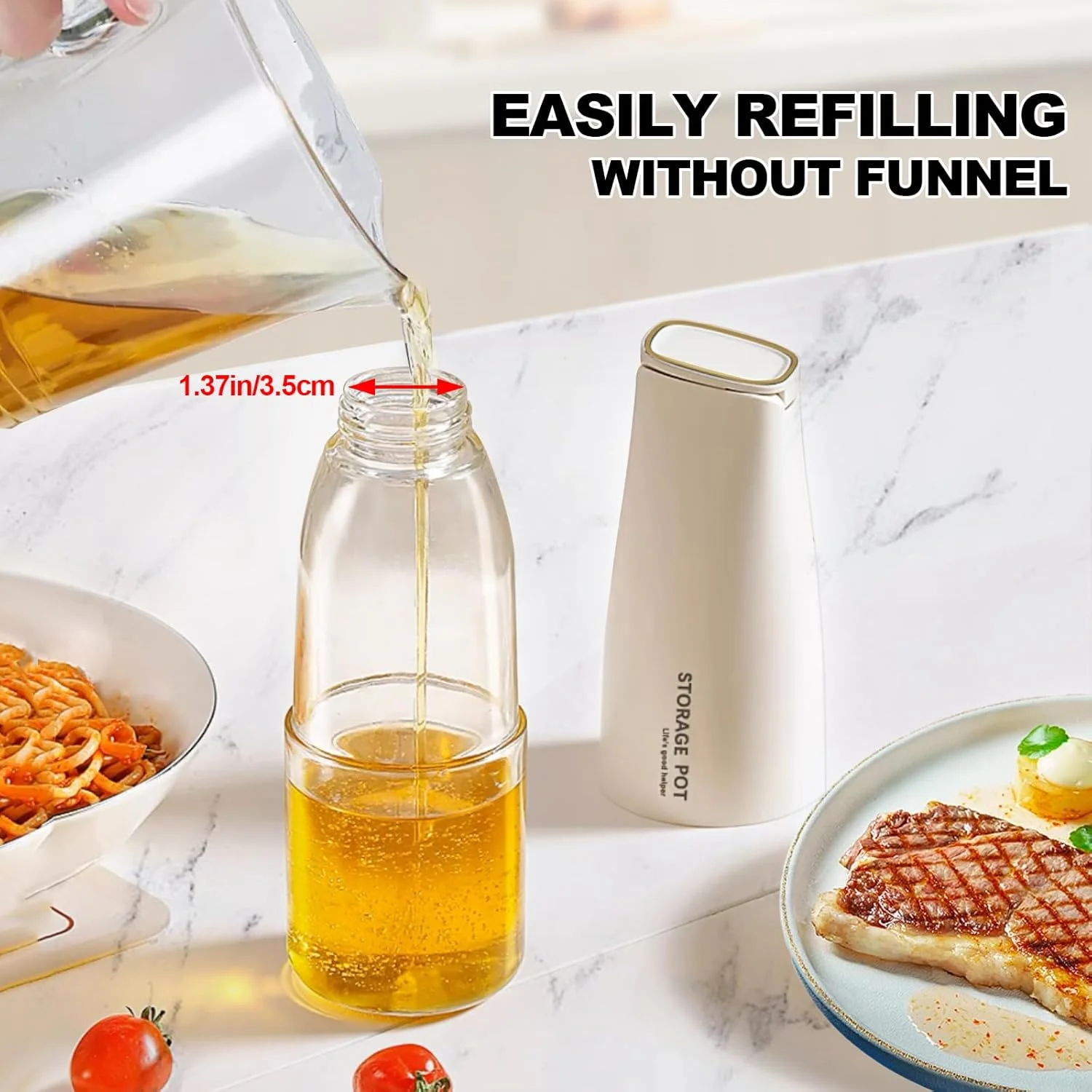 بطری روغن زیتون درب اتوماتیک YARRAMATE مناسب آشپزخانه - 500 میلی لیتر / 17 اونس، ظرف روغن و سرکه شیشه ای زیبا با دهانه، ظرف روغن، ظرف سس سویا (سفید کرمی)، برچسب