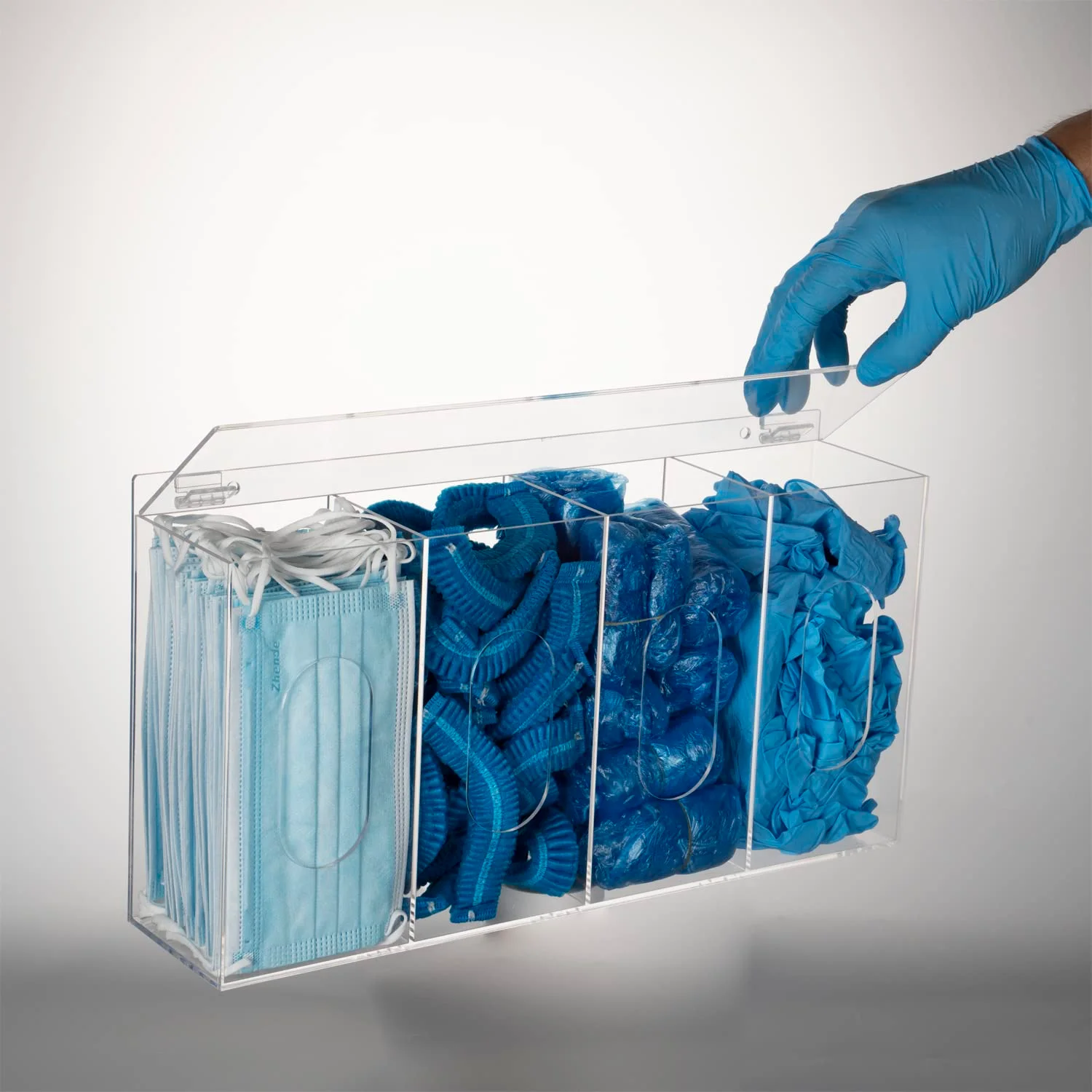 نگهدارنده روکش مو و کفش SEANADO، ماسک یکبار مصرف، محفظه اکریلیک برای نگهداری، 4 محفظه، جعبه دستکش پلاستیکی، شفاف، قابل نصب روی دیوار/ایستاده، ابزار سازماندهی بهداشتی - مناسب برای آزمایشگاه، آشپزخانه و رستوران