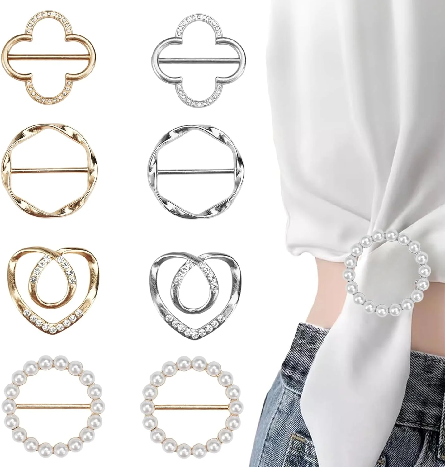 AABDTYYD بسته 8 عددی گیره حلقه روسری، گیره سگک حلقه روسری مرواریدی، حلقه های کراوات تی شرت گرد، گیره لباس فلزی شیک برای لباس زنانه، لوازم جانبی تزئینی لباس، طلایی، نقره ای