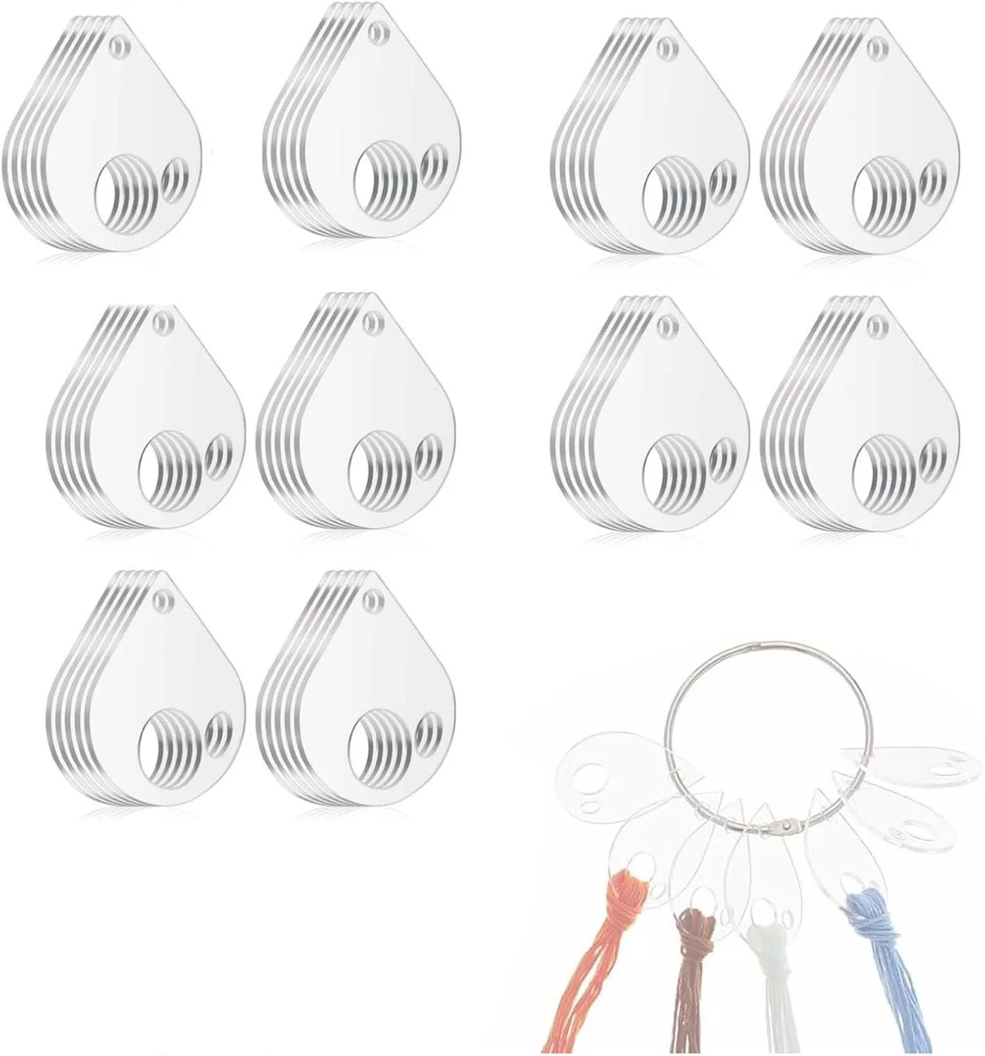 ست 50 عددی ارگانایزر نخ گلدوزی اکریلیک با حلقه لولایی - ماسوره های باریک قطره اشکی 50x43 میلی متری برای خیاطی، کاردستی و پروژه های DIY