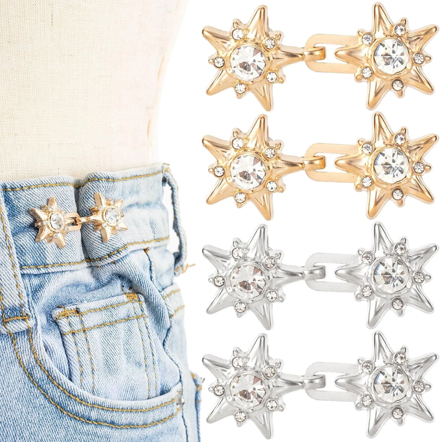 4 ست دکمه سفت کننده کمر قابل تنظیم برای زنان، بدون نیاز به دوخت، سگک های گیره ای ستاره ای نگین دار، تنظیم کننده های کمر شلوار و دامن جداشدنی برای شلوارهای جین گشاد، گسترش دهنده کمر الاستیک (نقره ای و طلایی)