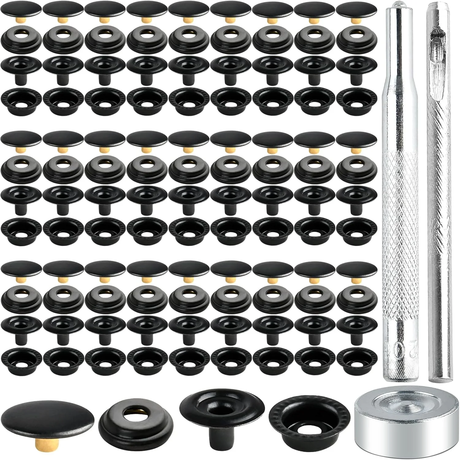 کیت دکمه فشاری فلزی سنگین Aemygo شامل 300 قطعه، دکمه های برنجی 15 میلی متری با ابزار نصب، دکمه های فلزی مشکی برای قایق، بوم، کیف، چرم و صنایع دستی DIY