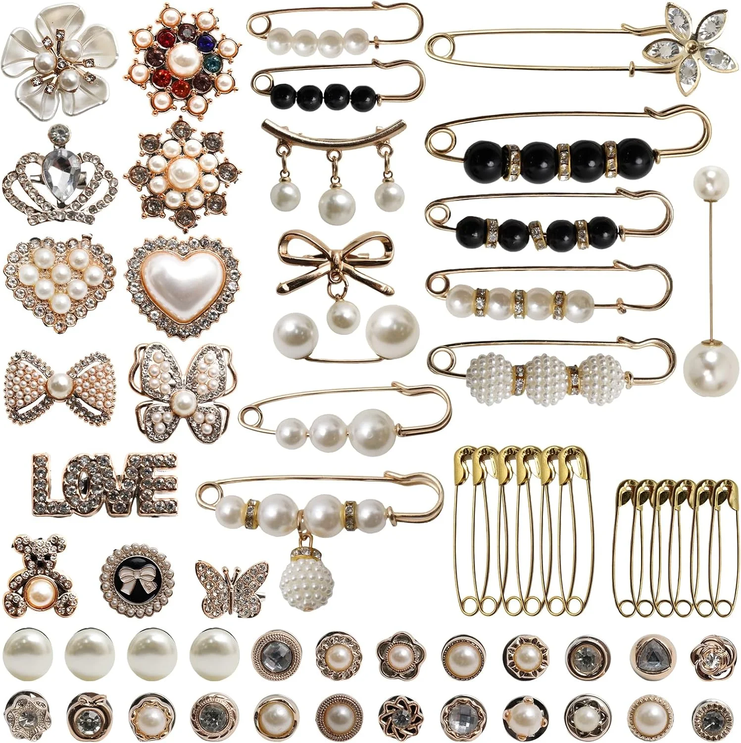 AEXHOT 61 عدد آویز جوراب، سنجاق قفلی و سنجاق سینه، آویزهای جوراب فانتزی، سنجاق های آویز جواهرات جوراب طلایی، آویزهای کفش برای کفش های کتانی، سنجاق سینه های مرواریدی نگین دار برای لباس زنانه، کلاه و پیراهن