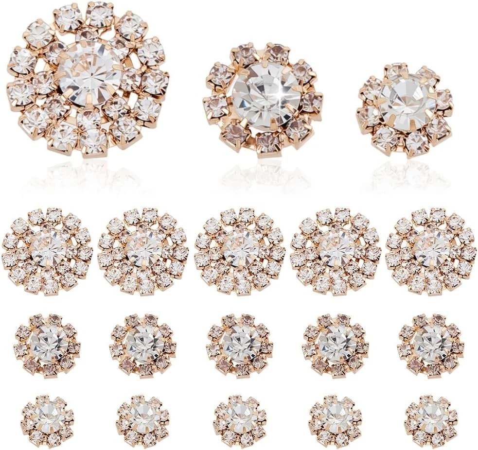 AHANDMAKER 40 عدد دکمه های نگین دار طلایی 3 مدل، دکمه های سنگ قیمتی کریستالی پشت صاف آلیاژ روی، تزیینات طرح گل برای صنایع دستی جواهرات DIY تزئین لباس لوازم جانبی کیف 12/14/19 میلی متر