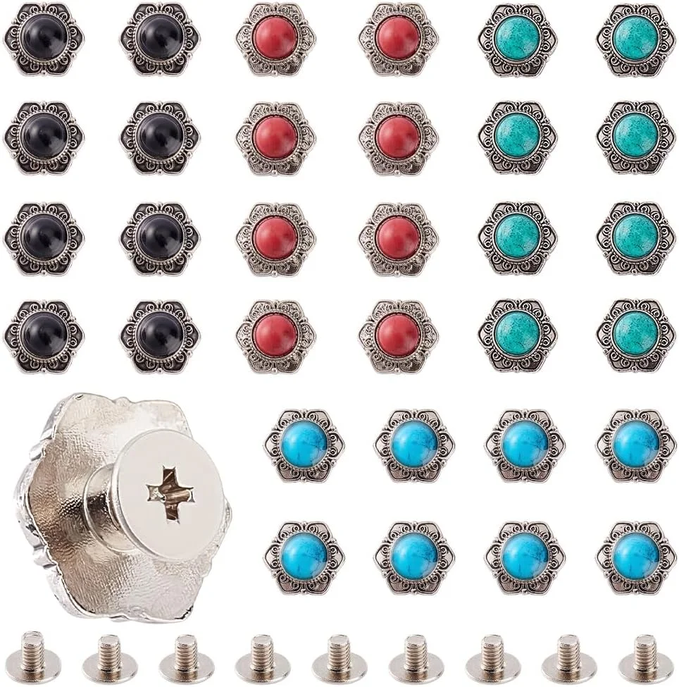 آهندمیکر 32 عدد کانچو برای چرم، دکمه های تزئینی پیچی در 4 رنگ، دکمه های کانچو فیروزه ای مصنوعی وینتیج، سگک تزئینی آفتابگردان، دکمه پیچی گل آلیاژی برای صنایع دستی چرمی DIY