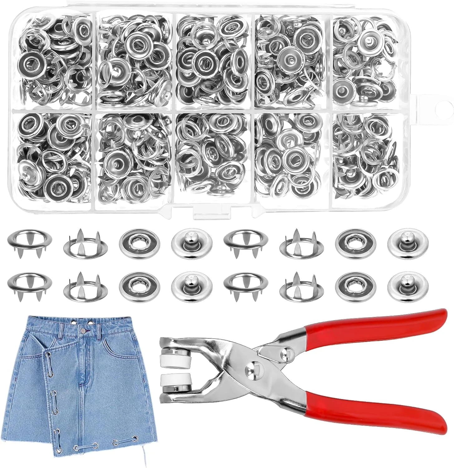 مجموعه دکمه فشاری AHQiZFX شامل 100 ست، مجموعه بست های فشاری 9.5 میلی متری، دکمه های فلزی با انبر و ابزار پرس، مجموعه ابزار سگک پنج چنگالی برای صنایع دستی، لباس، کلاه و خیاطی (نقره ای، 400 عدد)