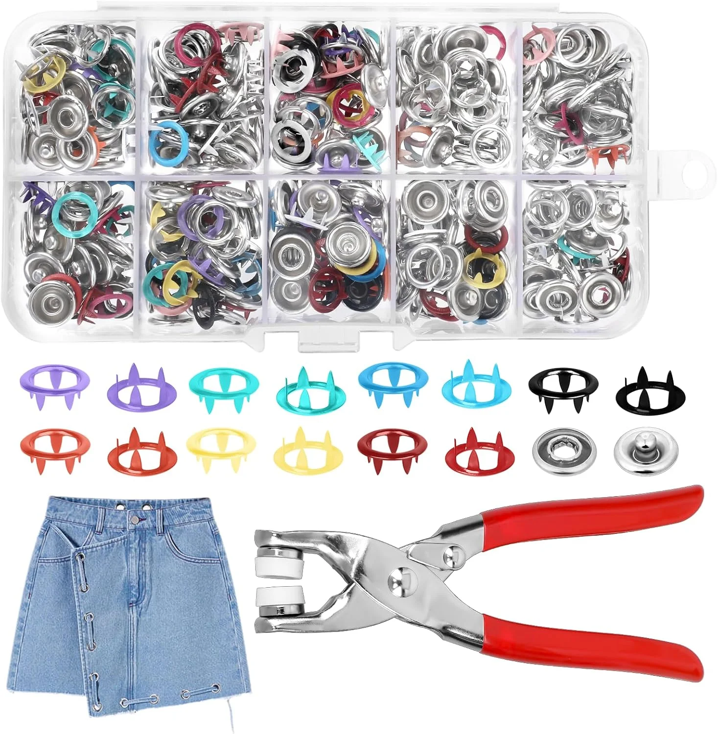 مجموعه 100 عددی دکمه فشاری AHQiZFX، مجموعه بست های فشاری 9.5 میلی متری، دکمه های فلزی با انبردست، مجموعه ابزار سگک پنج چنگالی برای صنایع دستی، لباس، کلاه و خیاطی (رنگی، 400 عددی)