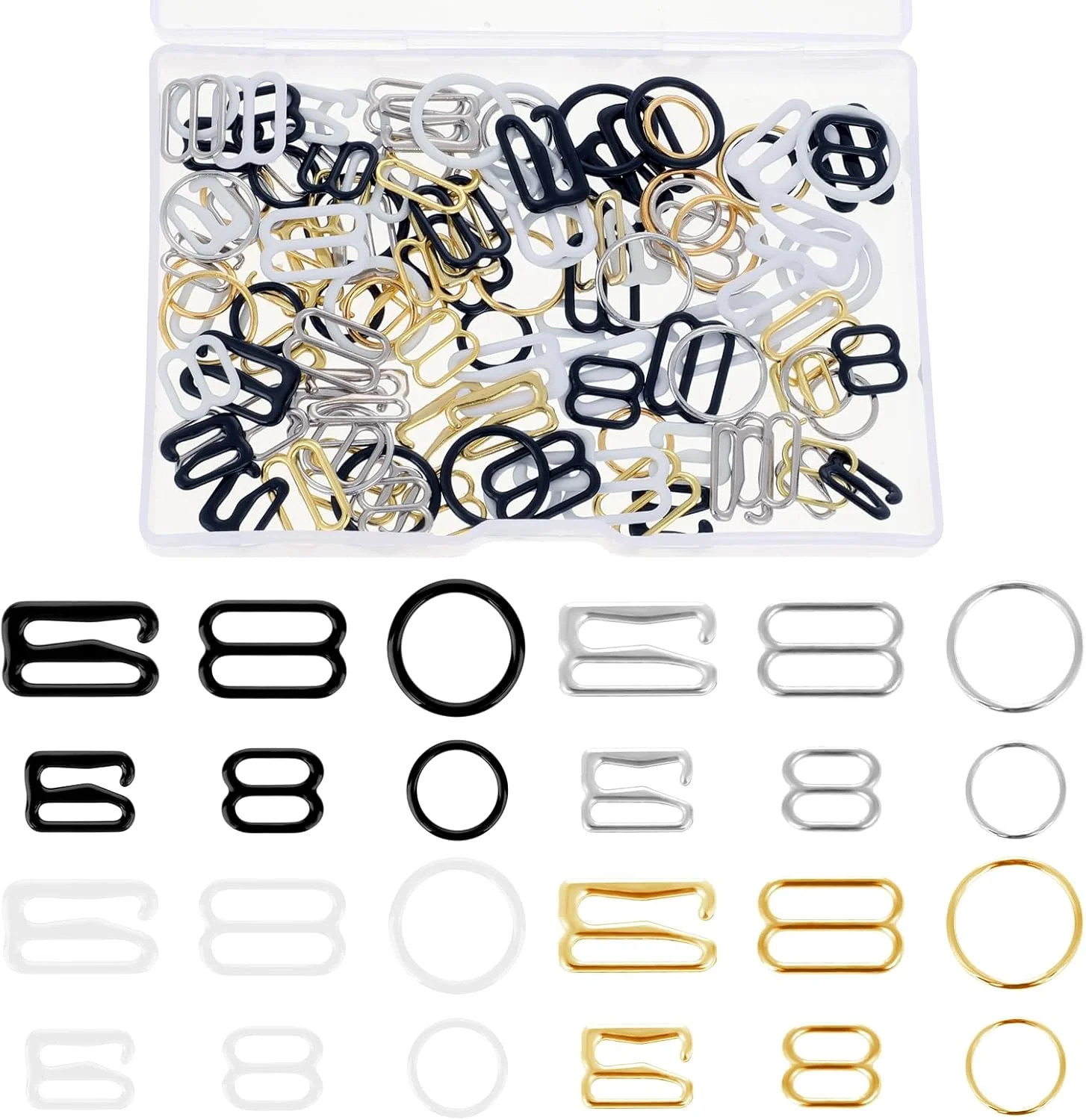 AHQiZFX 120 عدد قلاب بند سوتین، گیره فلزی لباس شنا، لغزنده تنظیم، حلقه بند سوتین برای دوخت بیکینی، تاپ های مایو هالتر و لباس زیر، 3 مدل، 2 سایز (مشکی، سفید، طلایی، نقره ای)