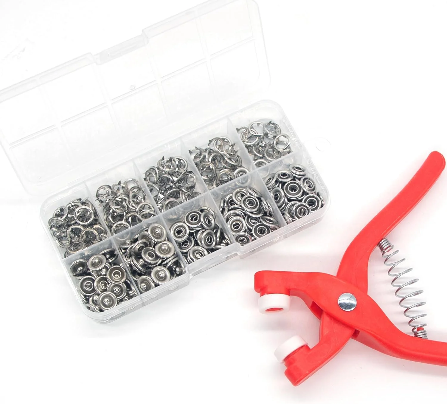 ست 200 عددی دکمه های فشاری فلزی AIMUNOK با انبر پرچ، مناسب برای دوخت و دوز و کارهای DIY، کیت دکمه های فشاری برای لباس (9.5 میلی متر / 800 عدد / نقره ای)