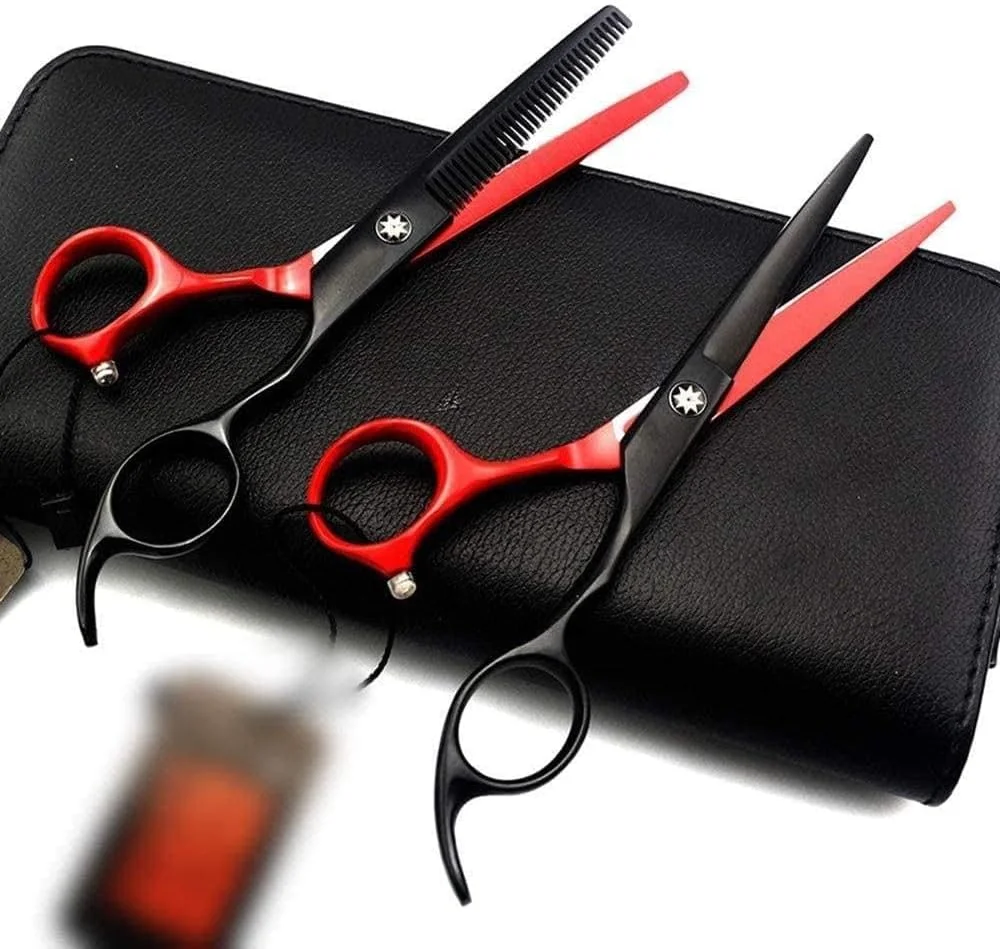 ست قیچی آرایشگری ENPAP مدل Barber، 6.0 اینچ، مشکی قرمز، شامل قیچی کات و قیچی اره ای، مناسب برای آرایشگری حرفه ای - مشکی_قرمز