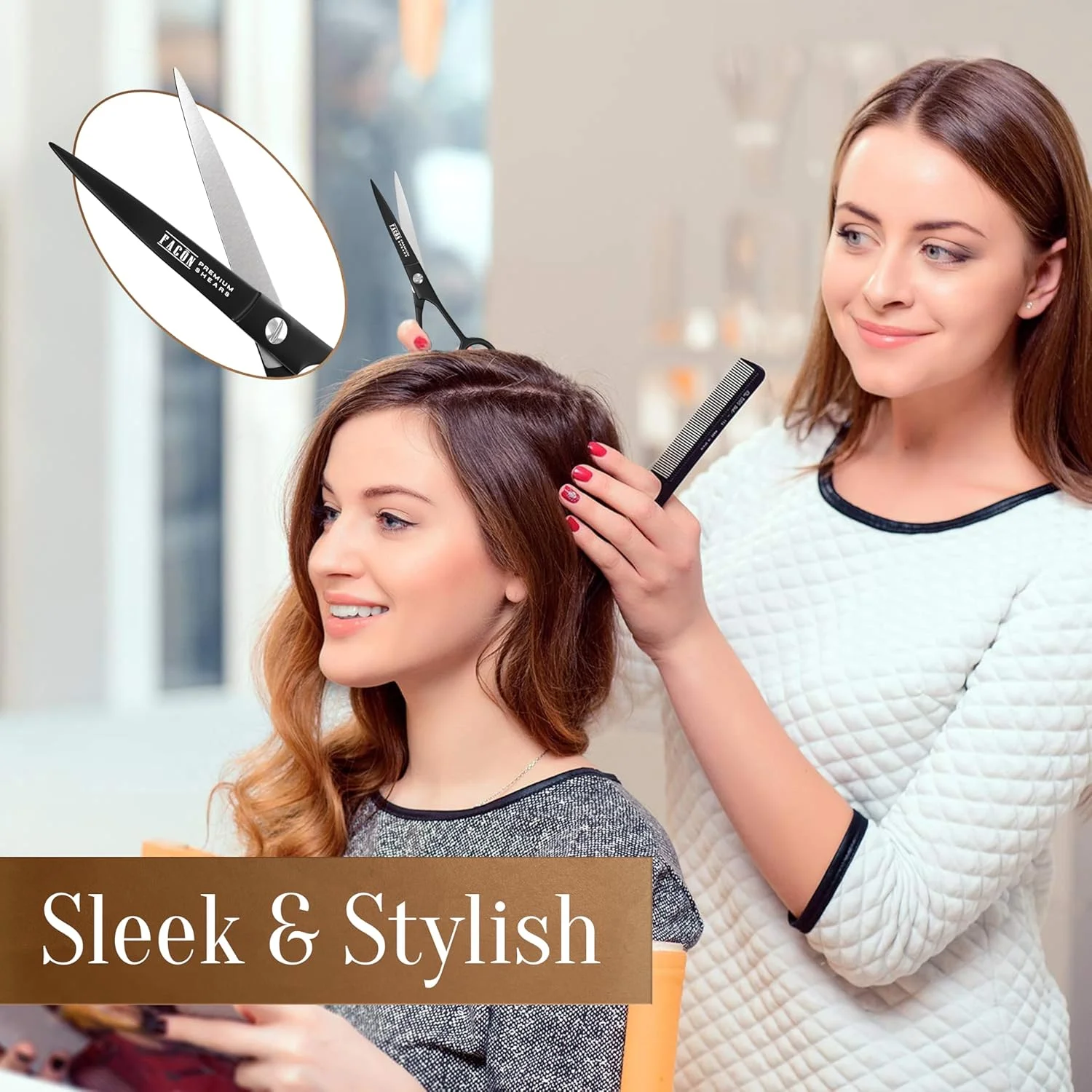 قیچی آرایشگری حرفه ای FACON با لبه تیغ - استیل ضد زنگ ژاپنی - طول 6.5 اینچ - پیچ تنظیم کشش دقیق - قیچی ممتاز با کیفیت سالن (آلفا)