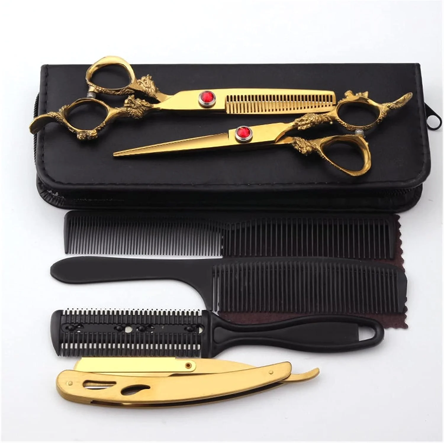 ست ابزار آرایشگری مو طلایی 6.0 اینچی، قیچی، قیچی آرایشگری، قیچی تخت، قیچی چتری، قیچی دندانه دار، قیچی های اصلاح مو