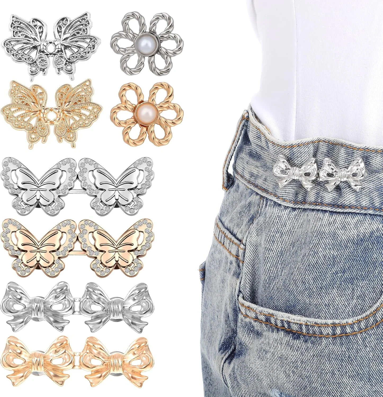 سفت کننده کمر شلوار AOZUO، دکمه های جین طرح گل، سگک های قابل تنظیم کمر، گیره های تزئینی جداشدنی شلوار کمر، بدون نیاز به دوخت و ابزار، دکمه های سوزنی جین برای شلوار و دامن های گشاد زنانه، 16 عدد/8 ست