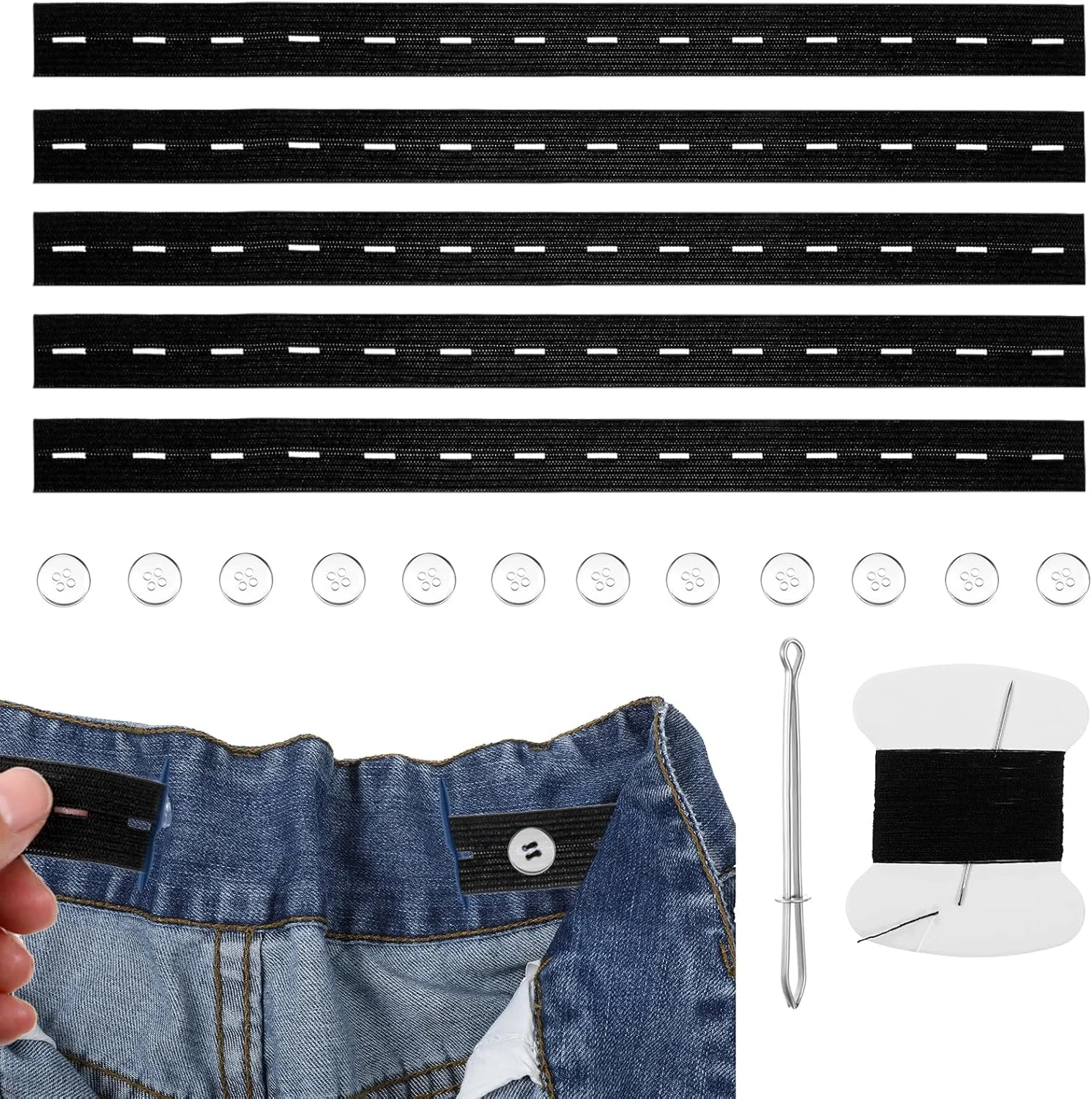 ابزار سفت کننده کمر شلوار جین الاستیک قابل تنظیم Aphumedc، بسته 6 عددی، سفت کننده کمر برای شلوار زنانه، افزایش دهنده کمر شلوار بچه گانه، سفت کننده دکمه شلوار با 12 دکمه، 1 کیت خیاطی و 1 قلاب نخ (مشکی)