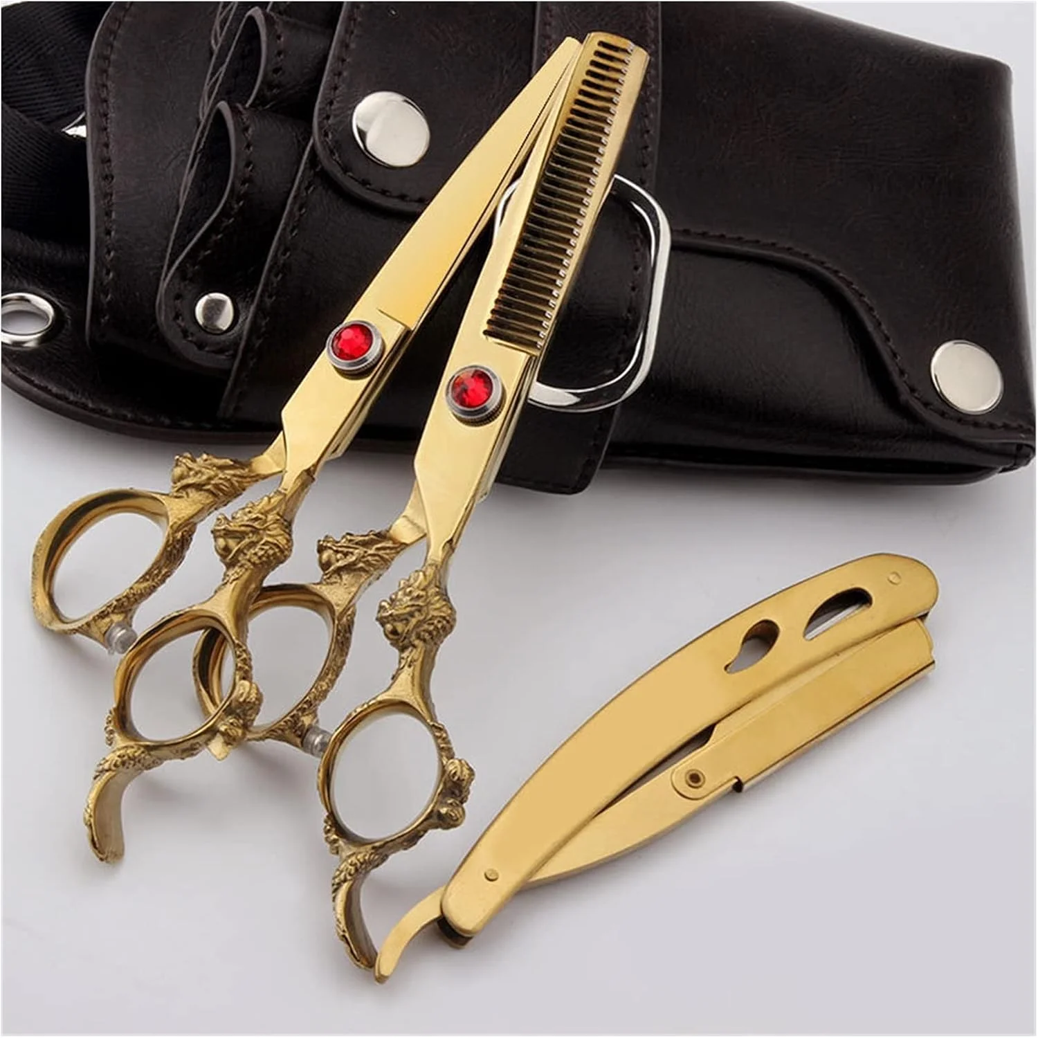 ست ابزار آرایشگری مو طلایی 6.0 اینچی، قیچی، قیچی آرایشگری، قیچی تخت، قیچی چتری، قیچی دندانه دار، قیچی های اصلاح مو