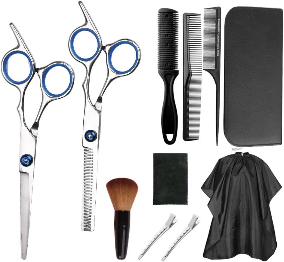 ست قیچی آرایشگری 13 تکه استیل ضد زنگ حرفه ای شامل قیچی اصلاح مو، قیچی دندانه دار، شانه و قیچی برش