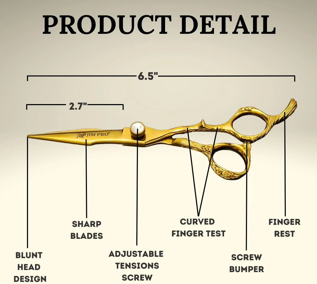 قیچی آرایشگری حرفه ای JIM PRO - قیچی اصلاح مو، قیچی موی آرایشگری حرفه ای فولاد ضد زنگ ژاپنی 440C با دسته اژدها، مناسب برای استفاده در سالن و منزل 6.5 اینچ (GOLDEN-440C) قیچی آرایشگری حرفه ای JIM PRO - قیچی اصلاح مو، قیچی موی آرایشگری حرفه ای فولاد ضد زنگ ژاپنی 440C با دسته اژدها، مناسب برای استفاده در سالن و منزل 6.5 اینچ (GOLDEN-440C)