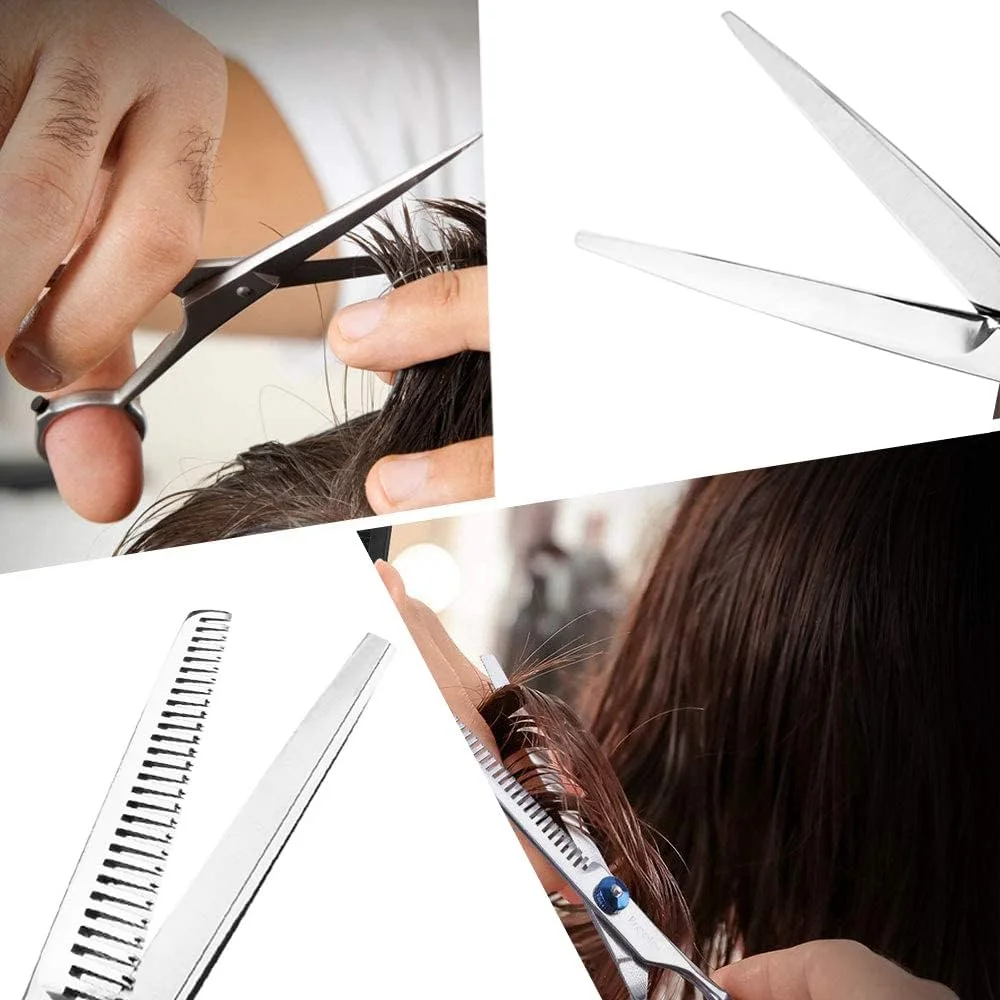 قیچی آرایشگری جیستل، قیچی پیتاژ و تکسچرایزینگ مو به همراه حلقه انگشتی جداشدنی، مناسب برای آرایشگران، آقایان، بانوان، سالن و استفاده در منزل (آبی 2)