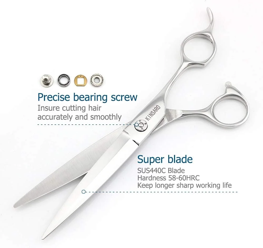 قیچی آرایشگری 18 سانتی متری KINSARO، قیچی حرفه ای اسلایدینگ مو، قیچی موی اسلایدینگ مدل بید، قیچی حرفه ای اصلاح موی اسلایدینگ، لبه تیغ 440c