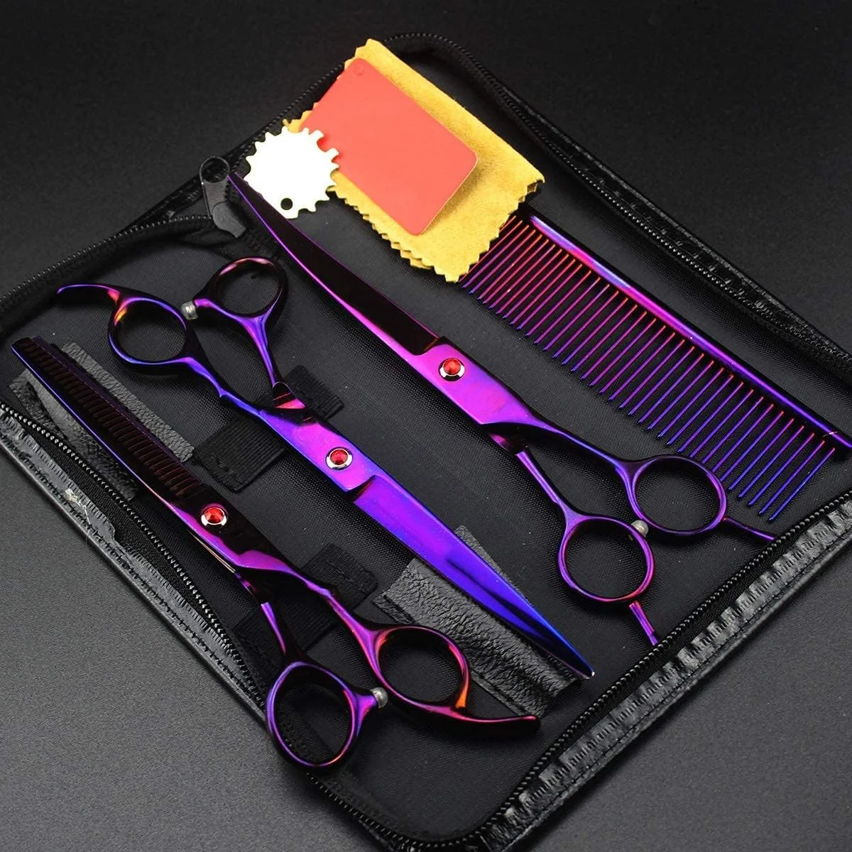 قیچی آرایشگری مو LOCZEK، ست قیچی مو، ست حرفه ای قیچی مو با لوازم جانبی آرایش مو، ست 3 عددی قیچی آرایشگری استیل ضد زنگ (ست 3 عددی بنفش)