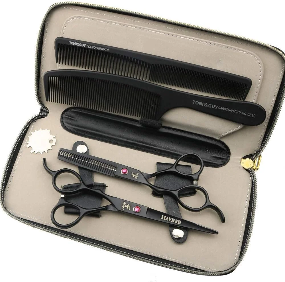 مجموعه قیچی آرایشگری دست چپ LOCZEK سایز 5.5 اینچ و 6 اینچ، ابزار آرایشگری، قیچی آرایشگری فولادی (رنگ: مشکی، مجموعه 5.5 اینچی)