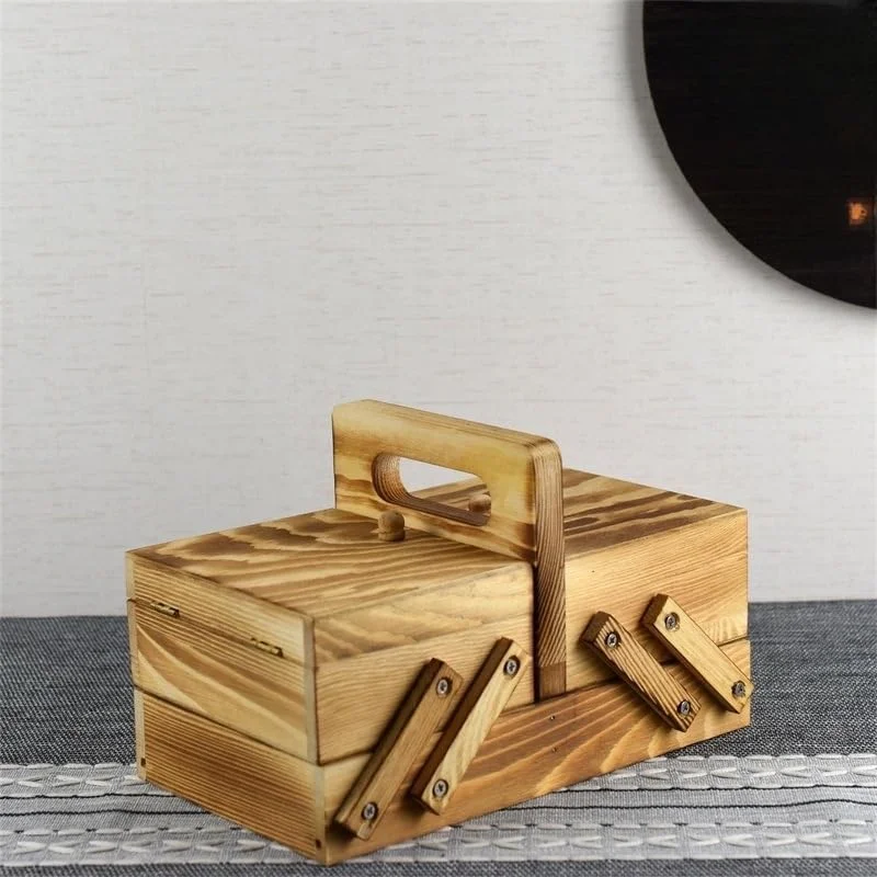 جعبه خیاطی، سبد خیاطی چوبی، جعبه نگهداری خیاطی چوبی 24x13.5x15 سانتی متر، سازمان دهنده صنایع دستی چند قسمتی دست ساز (مدل-b)