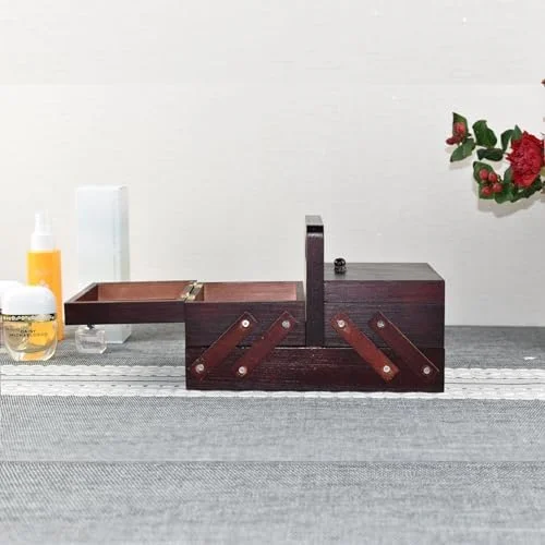 جعبه خیاطی، سبد خیاطی چوبی، جعبه نگهداری خیاطی چوبی 24x13.5x15 سانتی متر، سازمان دهنده صنایع دستی چند قسمتی دست ساز (مدل-b)
