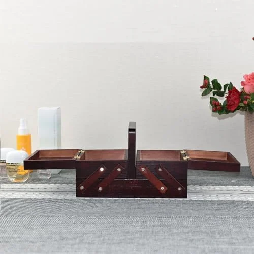 جعبه خیاطی، سبد خیاطی چوبی، جعبه نگهداری خیاطی چوبی 24x13.5x15 سانتی متر، سازمان دهنده صنایع دستی چند قسمتی دست ساز (مدل-b)
