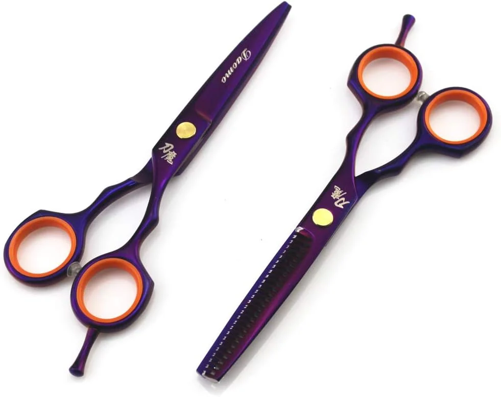 ست قیچی آرایشگری حرفه ای 5.5 اینچی، قیچی های با کیفیت بالا برای آرایشگران، شامل قیچی های پیتاژ و حجم دهنده، ساخته شده از فولاد 4CR، مناسب برای افراد راست دست، قابل استفاده در منزل و سالن های آرایشی (در 5 رنگ مختلف)، بنفش