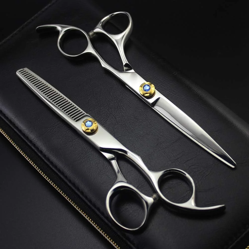 قیچی اصلاح مو، قیچی آرایشگری حرفه ای با تیغه های تیز برای برش مو به همراه کیف چرمی رایگان، مدل flatcut6inch، مدل toothcut6inch