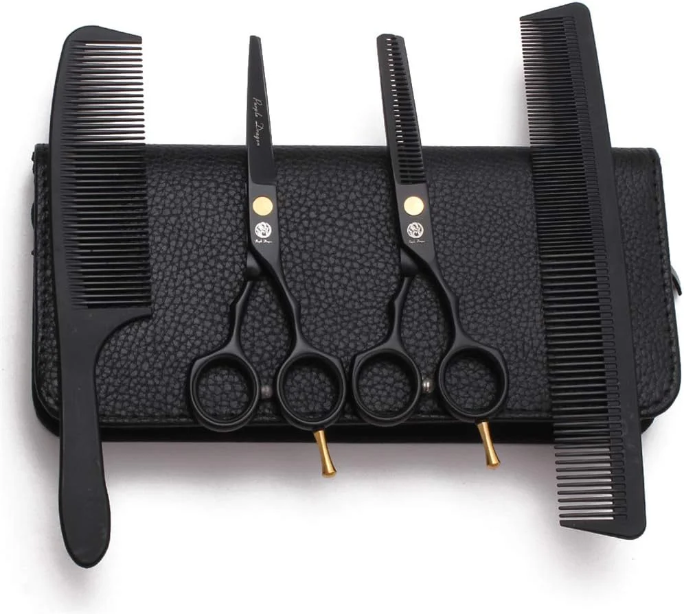 ست قیچی آرایشگری حرفه ای مشکی راست دست 5.5 اینچی، قیچی آرایشگری، قیچی پیتاژ، ابزار آرایشگاه، فولاد 440C، لوازم آرایشگری مو به همراه شانه