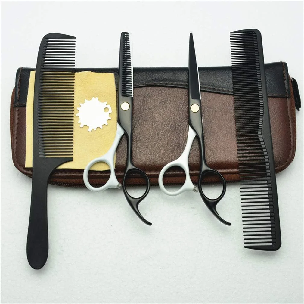 ست قیچی آرایشگری حرفه ای 5.5 اینچی مشکی و سفید راست دست، قیچی آرایشگری، قیچی پیتاژ، ابزار آرایشگاه، فولاد 440C، لوازم آرایشگری مو به همراه شانه