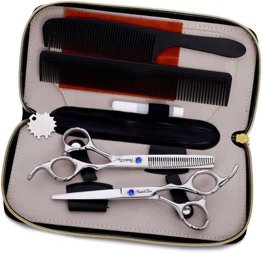 ست قیچی آرایشگری حرفه ای 6 اینچی با فولاد 440C، شامل قیچی اصلاح و قیچی پیتاژ، مناسب برای آرایشگاه ها و استفاده شخصی