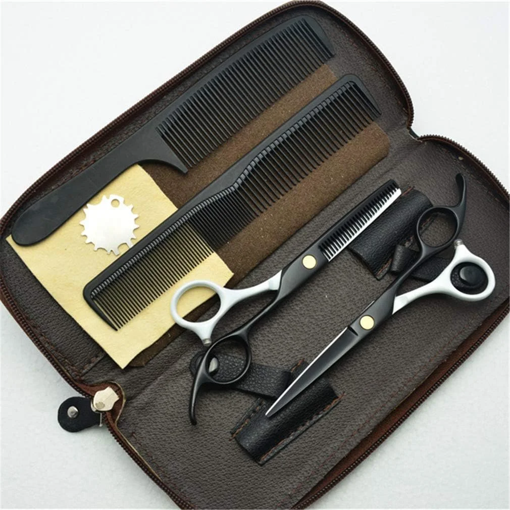 ست قیچی آرایشگری حرفه ای 5.5 اینچی مشکی و سفید راست دست، قیچی آرایشگری، قیچی پیتاژ، ابزار آرایشگاه، فولاد 440C، لوازم آرایشگری مو به همراه شانه