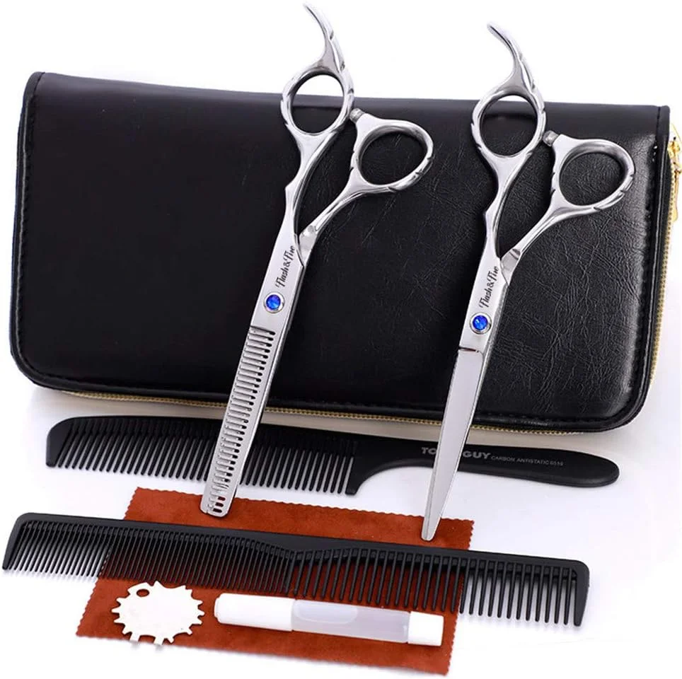 ست قیچی آرایشگری حرفه ای 6 اینچی با فولاد 440C، شامل قیچی اصلاح و قیچی پیتاژ، مناسب برای آرایشگاه ها و استفاده شخصی