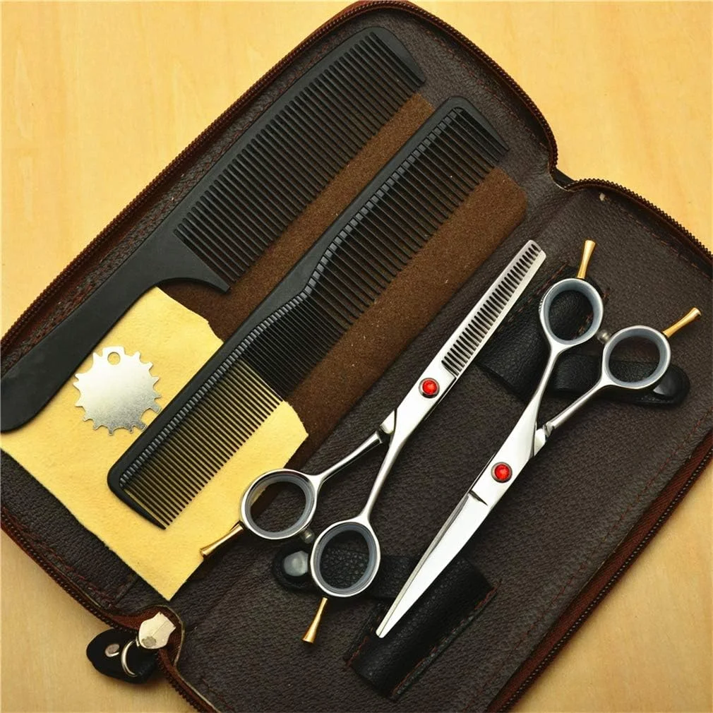 ست قیچی آرایشگری حرفه ای 5.5 اینچی نقره ای دم دوتایی راست دست، قیچی آرایشگری، قیچی پیتاژ، ابزار آرایشگاه، فولاد 440C، لوازم آرایشگری مو به همراه شانه