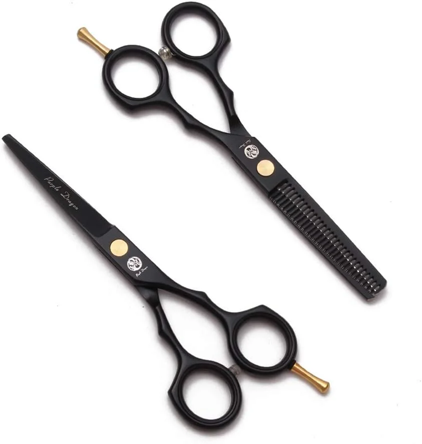 ست قیچی آرایشگری حرفه ای مشکی راست دست 5.5 اینچی، قیچی آرایشگری، قیچی پیتاژ، ابزار آرایشگاه، فولاد 440C، لوازم آرایشگری مو به همراه شانه