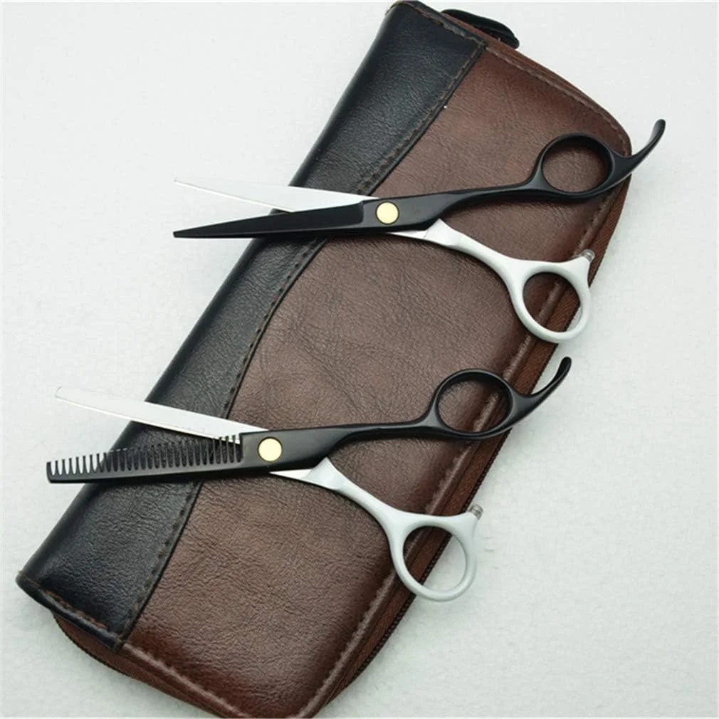 ست قیچی آرایشگری حرفه ای 5.5 اینچی مشکی و سفید راست دست، قیچی آرایشگری، قیچی پیتاژ، ابزار آرایشگاه، فولاد 440C، لوازم آرایشگری مو به همراه شانه