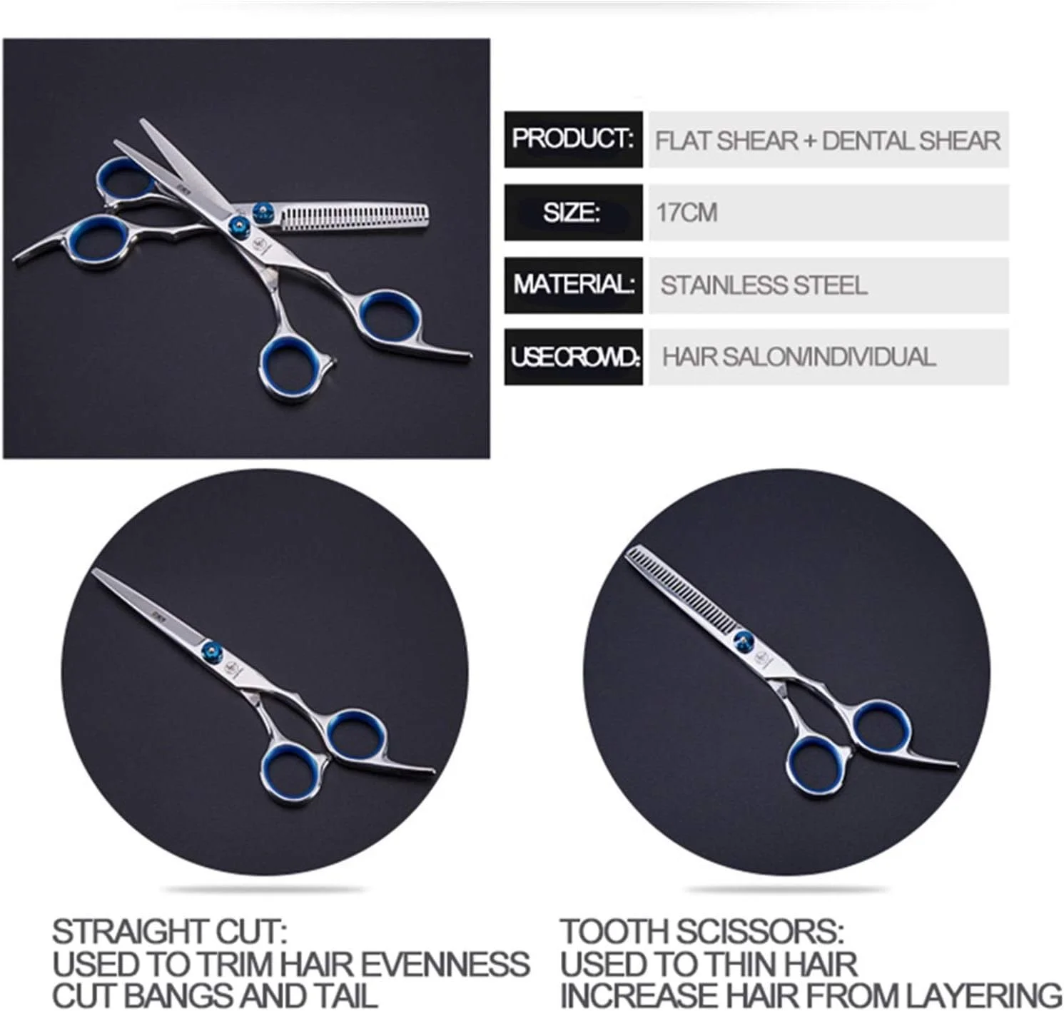 ست قیچی آرایشگری حرفه ای، قیچی آرایشگری فولاد ضد زنگ، شانه دم موش، ابزار حالت دهی مو، شانه شنل مو (رنگ: قیچی دندانه سفید)