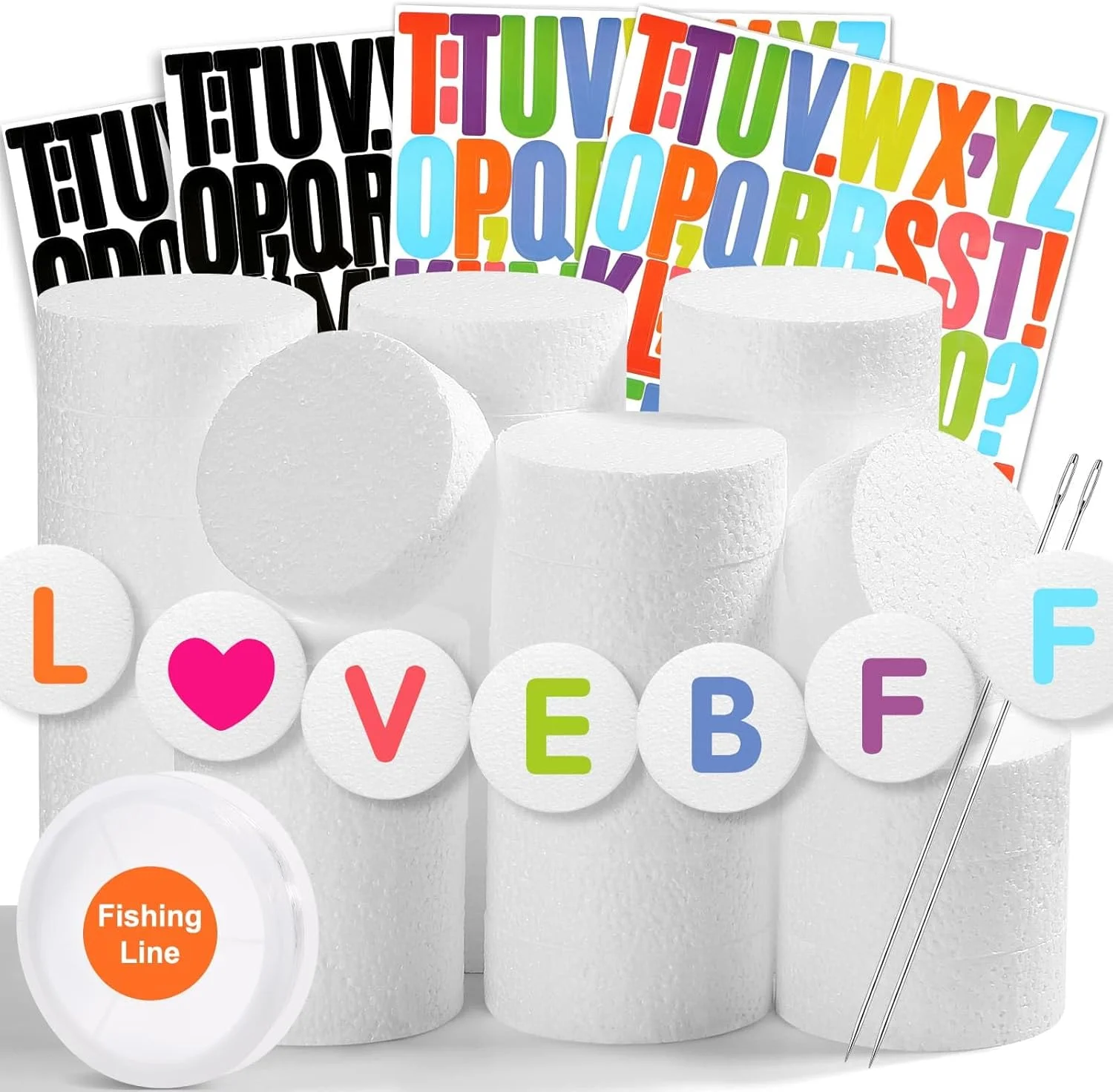 ایسجوز 36 عدد حلقه فومی برای کاردستی، دایره های فومی 3 اینچی دیسک های پلی استایرن گرد با برچسب حروف، نخ ماهیگیری، سوزن برای بنرهای دستبند دوستی جامبو تزئین تولد پروژه های DIY