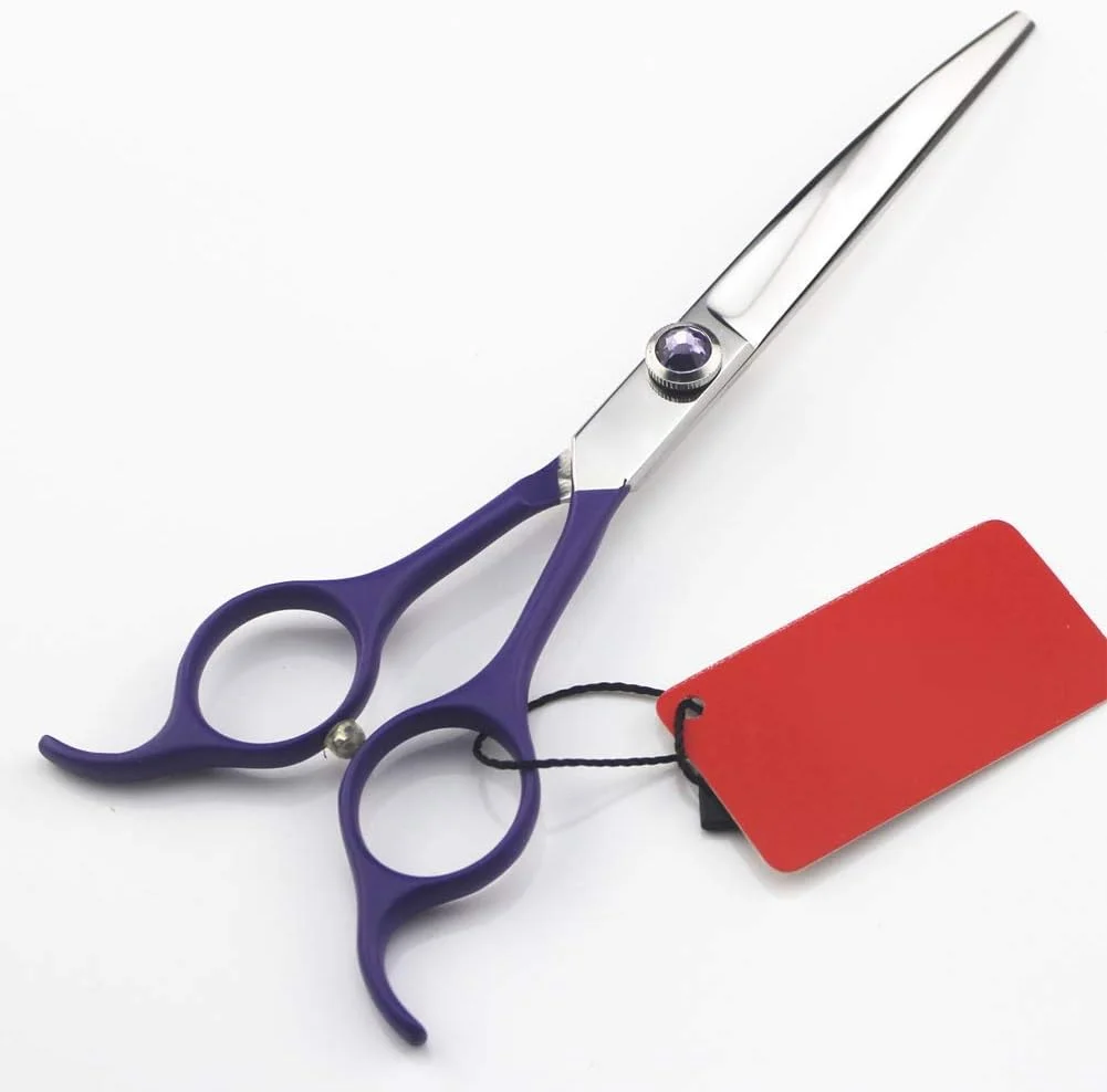 قیچی آرایشگری مو، قیچی حرفه ای بنفش برای اصلاح سگ و حیوانات خانگی، قیچی منحنی (زرد)، قیچی آرایشگری