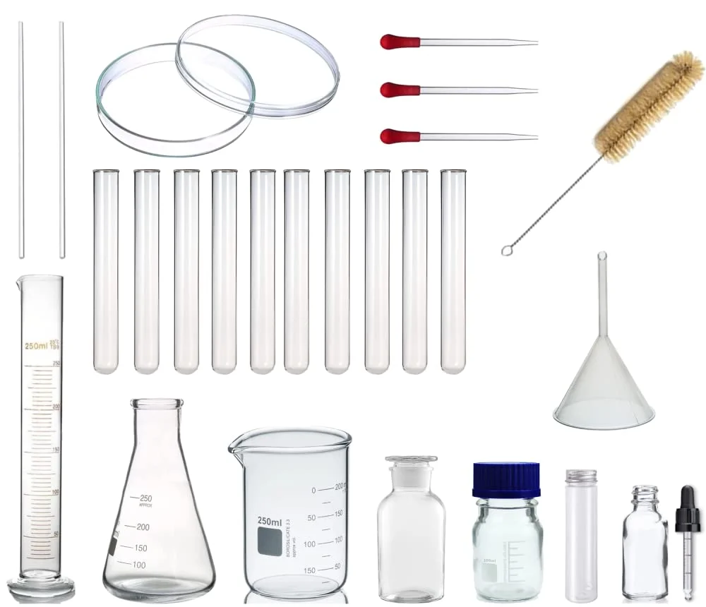 مجموعه 25 عددی ظروف شیشه ای MEGA مناسب کلاس های درس، همه کاره، مقاوم و با کیفیت بالا از جنس بوروسیلیکات 3.3، شامل لوله های آزمایش + میله های شیشه ای + پتری دیش + قطره چکان + قیف + استوانه مدرج + بشر + فلاسک + بطری معرف