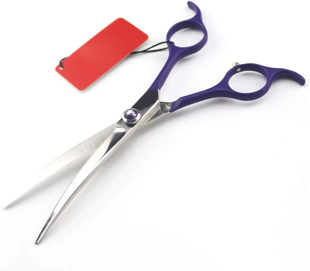 قیچی آرایشگری مو، قیچی حرفه ای بنفش برای اصلاح سگ و حیوانات خانگی، قیچی منحنی (زرد)، قیچی آرایشگری