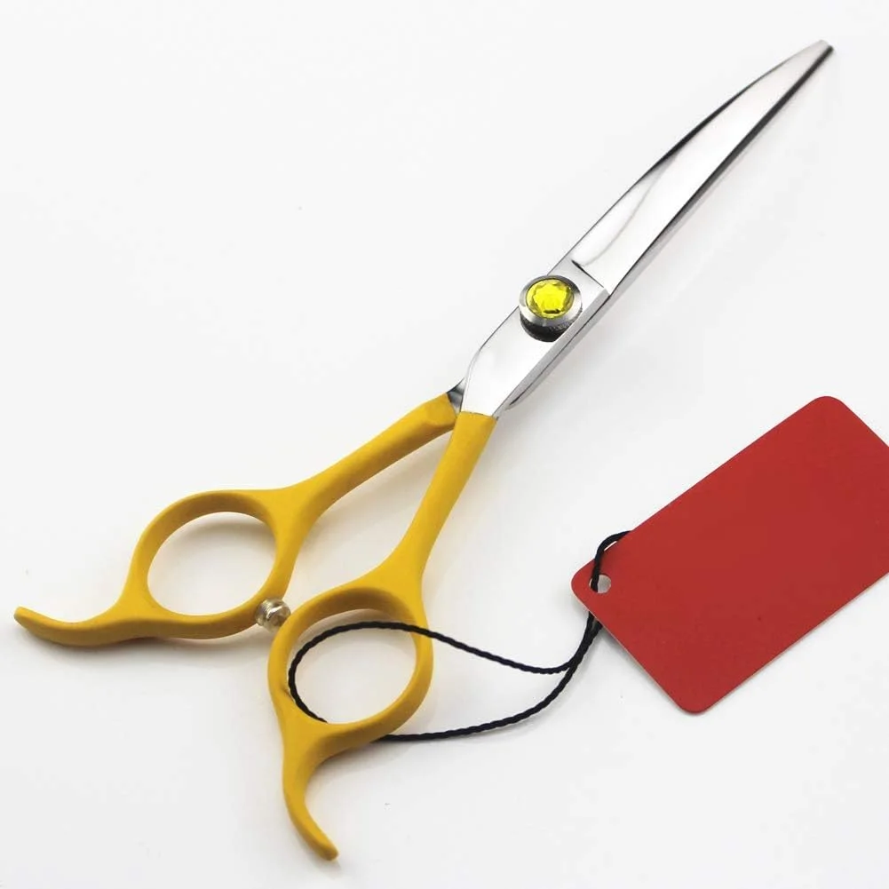 قیچی آرایشگری مو، قیچی پیرایش بنفش حرفه ای حیوانات خانگی برای اصلاح سگ مدل منحنی (زرد)، قیچی آرایشگری