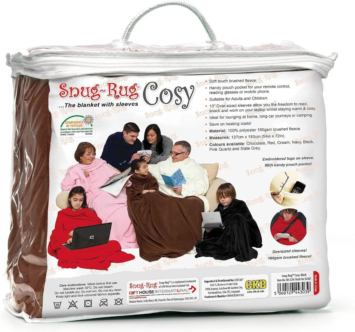 پتو آستین دار نرم و راحت CKB LTD Snug Rug، پتوهای آستین دار SnugRug اصلی، پارچه پشمی فوق العاده نرم 160 گرمی، آستین های بزرگ و جیب دار، سایز بزرگسال (قهوه ای شکلاتی)