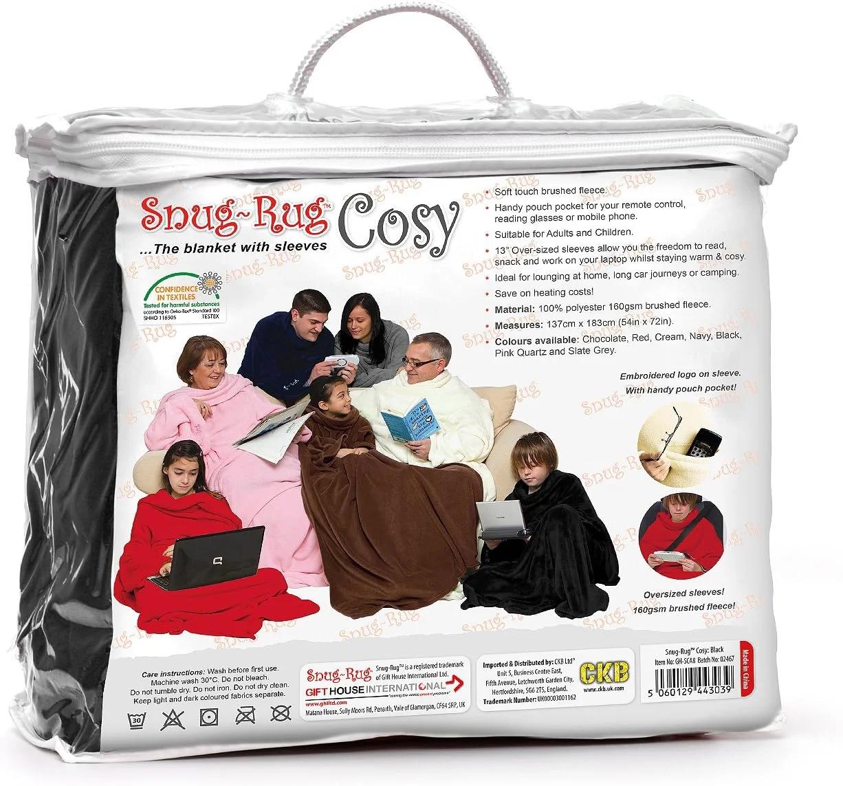 پتو آستین دار نرم و راحت CKB LTD Snug Rug، پتوهای آستین دار SnugRug اصلی، پارچه پشمی فوق العاده نرم 160 گرمی، آستین های بزرگ و جیب دار، سایز بزرگسال (مشکی)