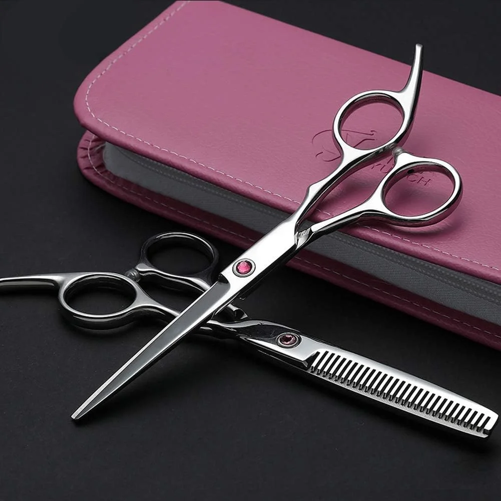 قیچی آرایشگری مو، ست حرفه ای کوتاهی و کم حجم کردن مو، 6 اینچ، به همراه جعبه (صورتی)، قیچی آرایشگری