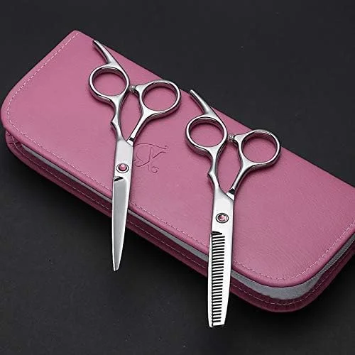 قیچی آرایشگری مو، ست حرفه ای کوتاهی و کم حجم کردن مو، 6 اینچ، به همراه جعبه (صورتی)، قیچی آرایشگری