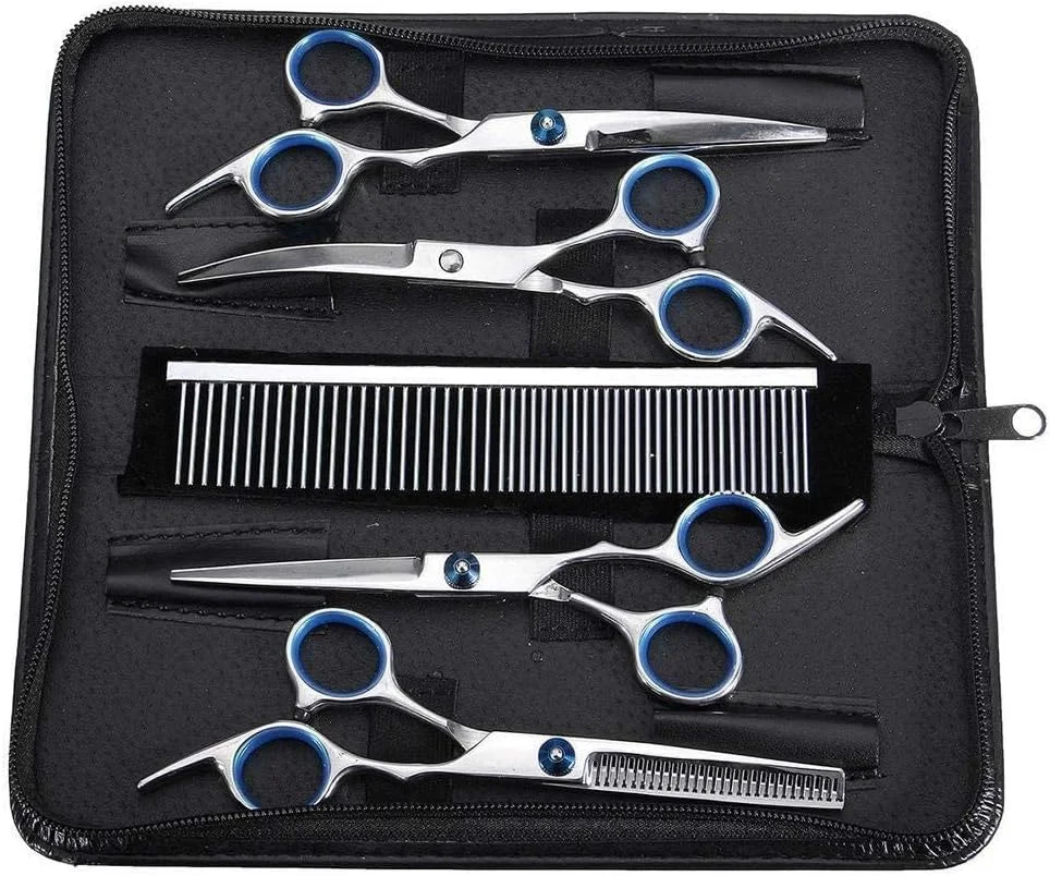 قیچی آرایشگری مو، ست پیرایش سگ 6 عددی، قیچی های حرفه ای صاف، منحنی، اره ای، کیت موبر توله سگ، ابزار زیبایی حیوانات خانگی، قیچی آرایشگری